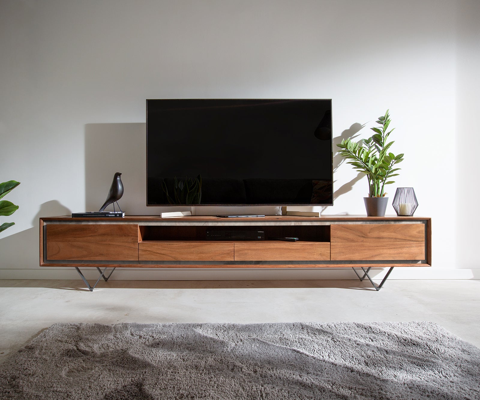 TV Stand Stonegrace 240 cm 2 Doors Center Compartment Acacia Wood Brown Stone Veneer V-Foot Black