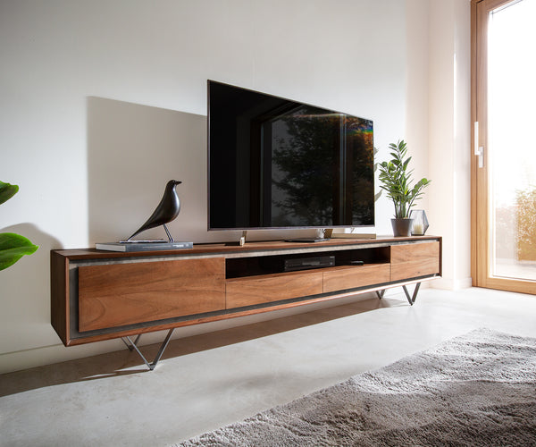 TV Stand Stonegrace 240 cm 2 Doors Center Compartment Acacia Wood Brown Stone Veneer V-Foot Black