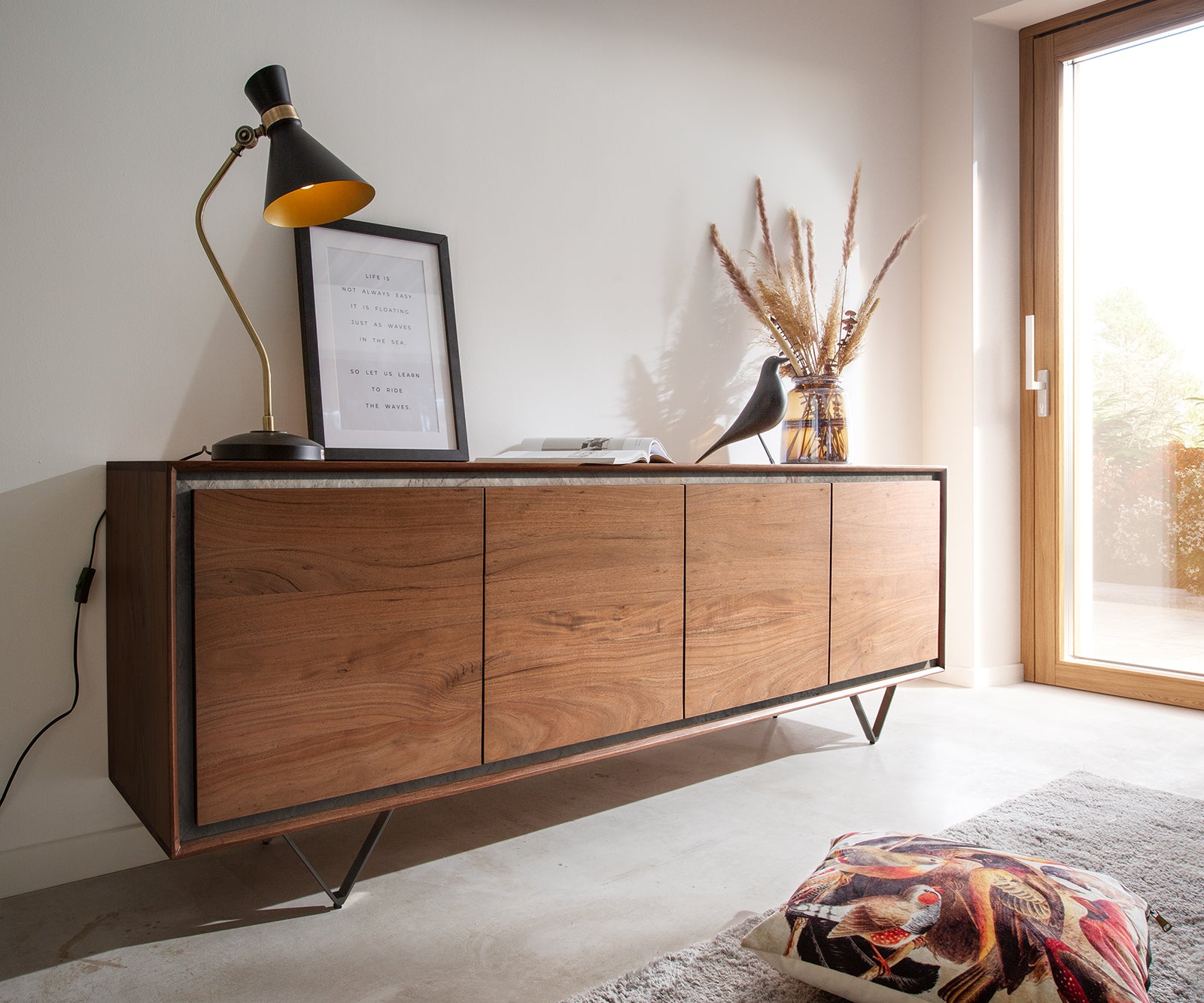 Sideboard Stonegrace 200 cm 4 Doors Acacia Wood Brown Stone Veneer V-Leg Black