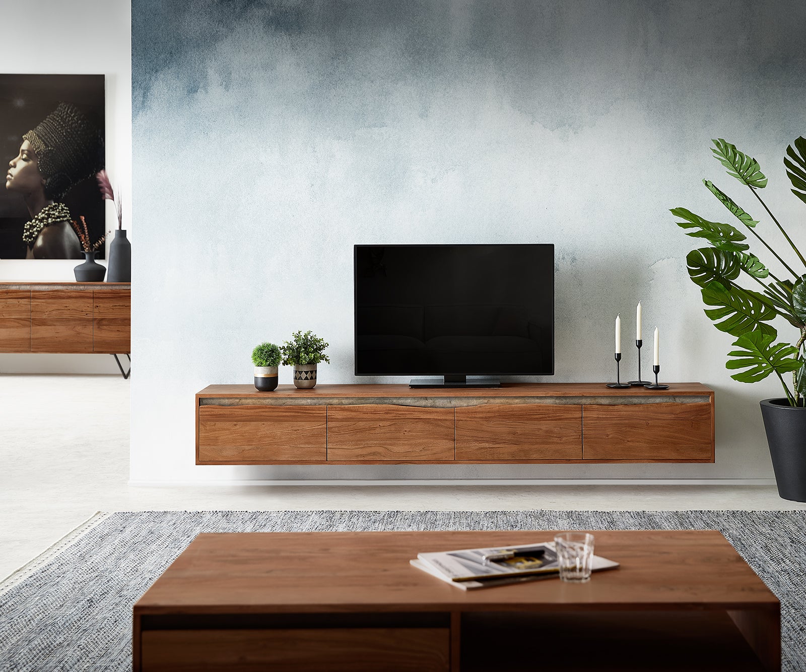 Floating TV Stand Stonegrace 220 cm Acacia Wood Brown
