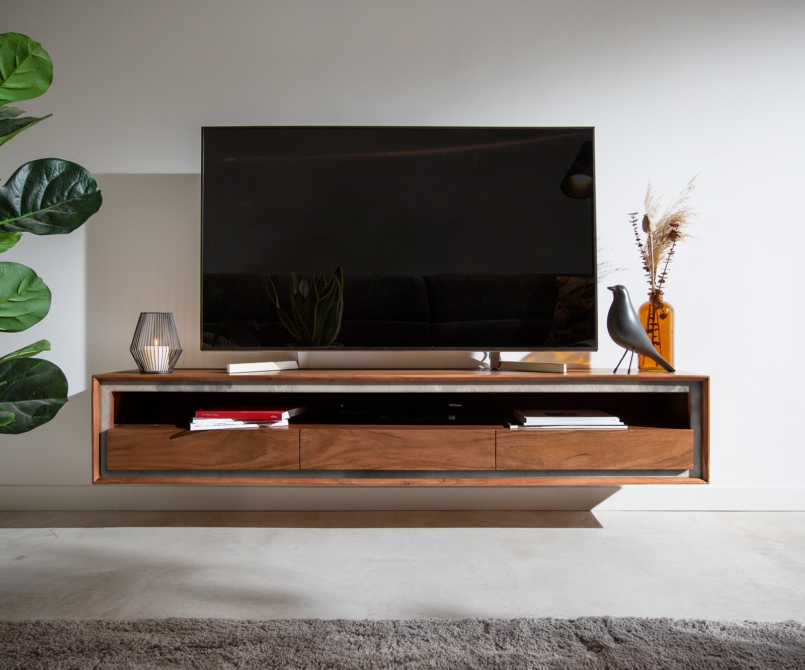 Floating TV Stand Stonegrace 145-240 cm Acacia Wood Brown Stone Veneer