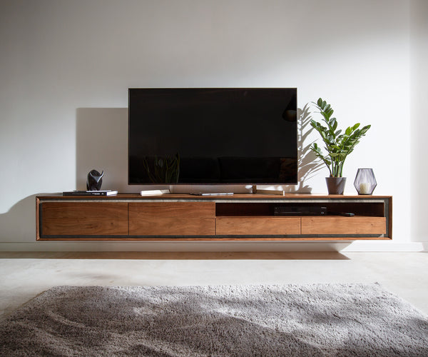 Floating TV Stand Stonegrace 175-240 cm Acacia Wood Brown Stone Veneer