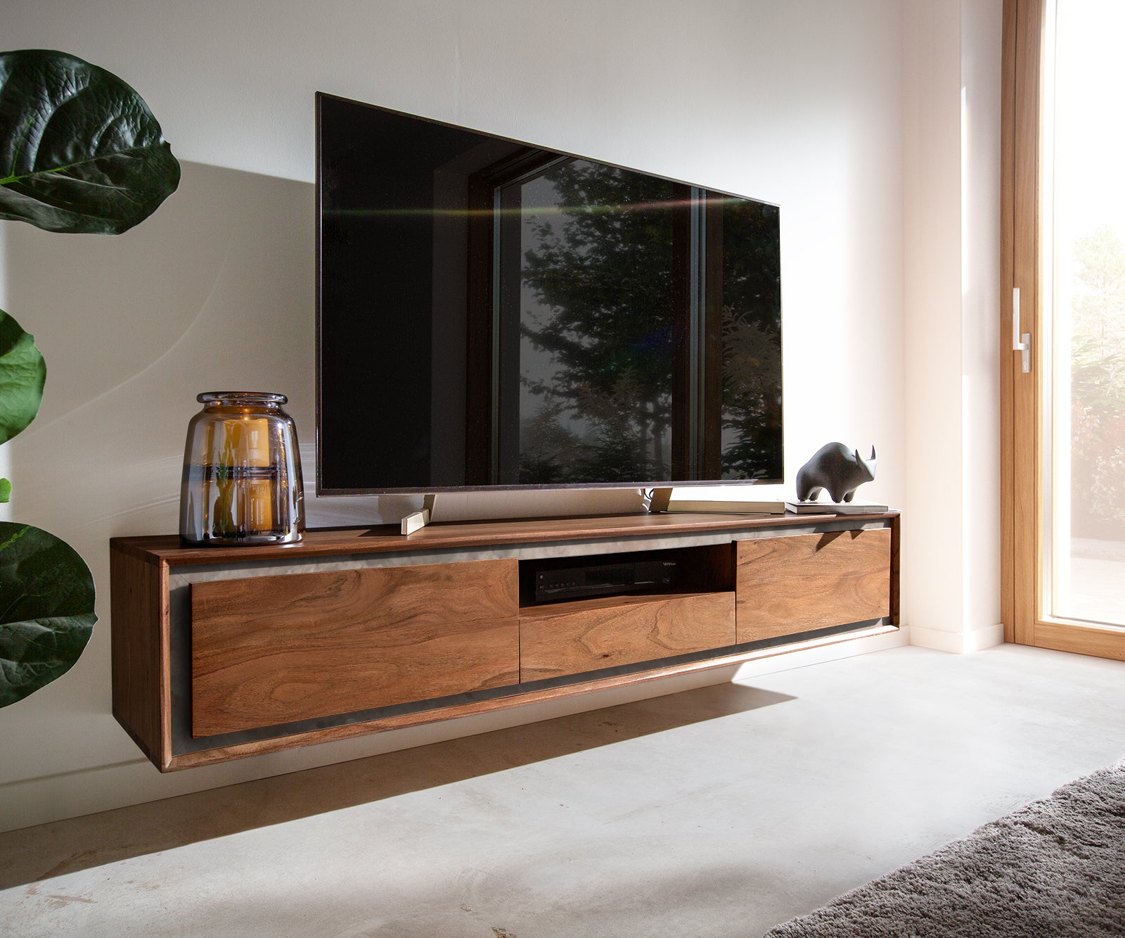 Floating TV Stand Stonegrace 175-240 cm Acacia Wood Brown Stone Veneer