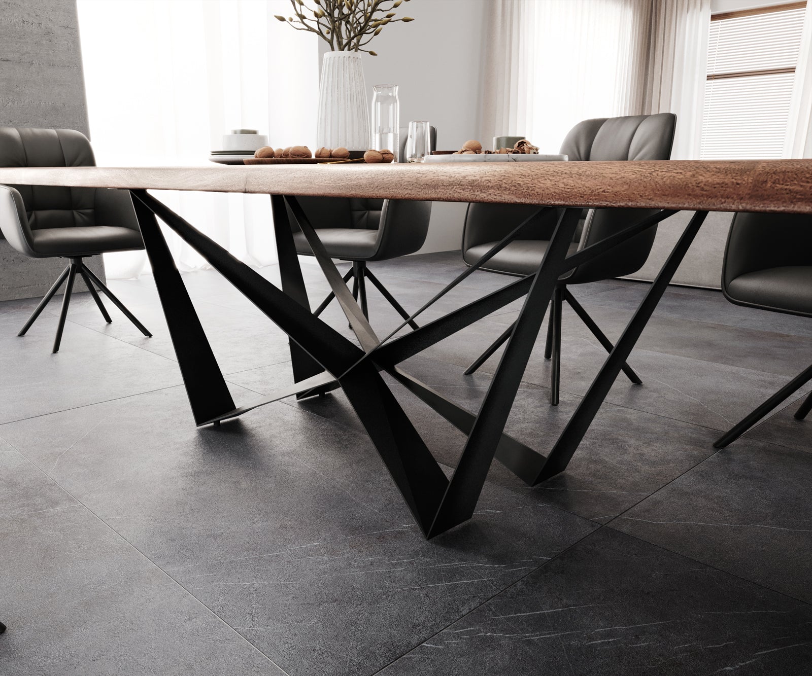Dining Table Olympus Live Edge Acacia Wood Brown Spider Frame Black 260-300cm