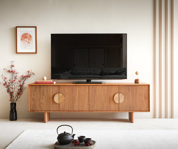 TV Stand Surimu 175cm Acacia Wood Brown 4 Doors Cork Handle