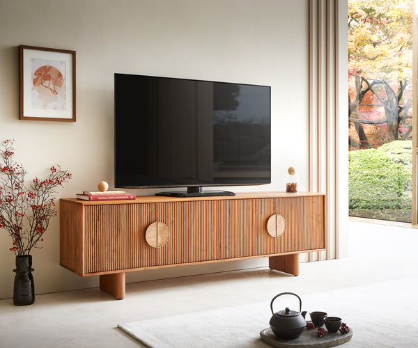 TV Stand Surimu 175cm Acacia Wood Brown 4 Doors Cork Handle