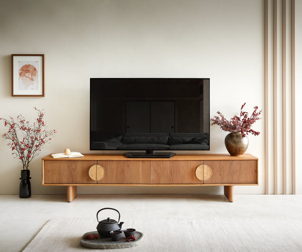 TV Stand Surimu 200cm Acacia Wood Brown 4 Doors Cork Handle