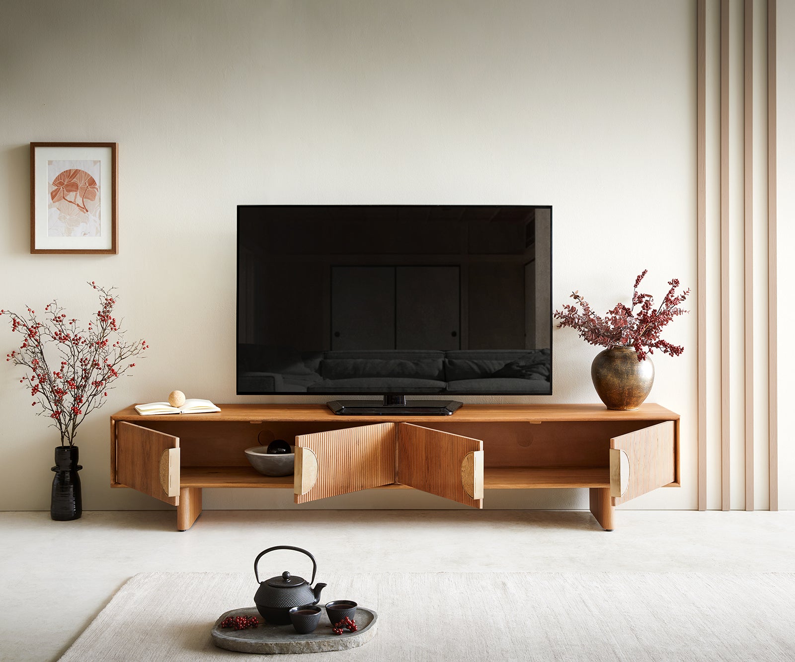 TV Stand Surimu 200cm Acacia Wood Brown 4 Doors Cork Handle