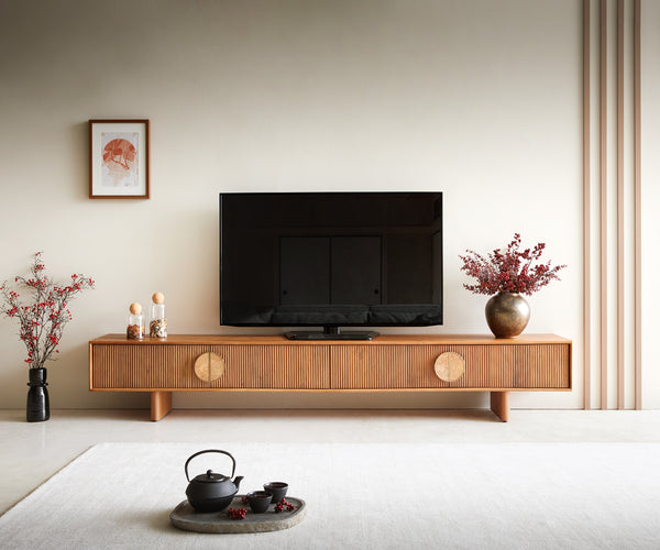 TV Stand Surimu 240cm Acacia Wood Brown 4 Doors Cork Handle