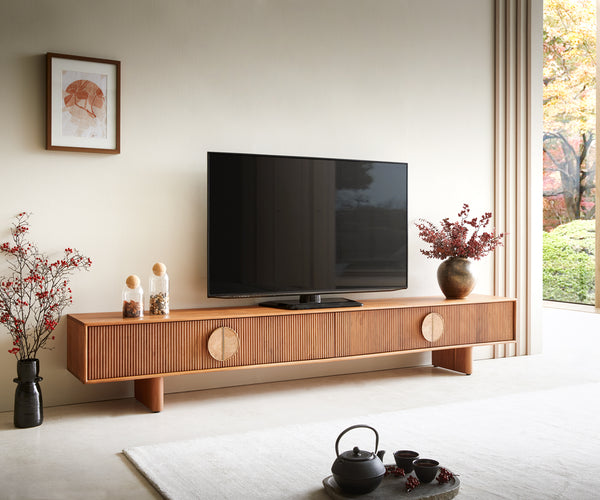 TV Stand Surimu 240cm Acacia Wood Brown 4 Doors Cork Handle