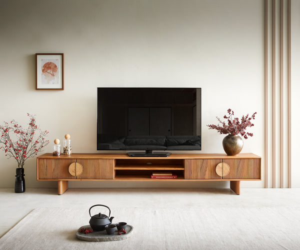 TV Stand Surimu 240cm Acacia Wood Brown 4 Doors 2 Compartments Cork Handle