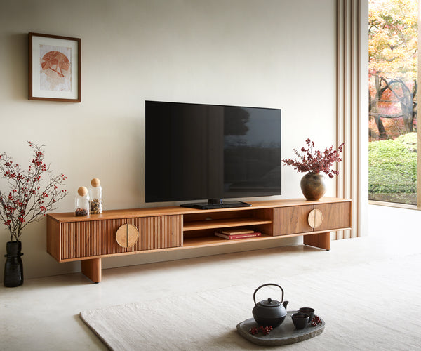 TV Stand Surimu 240cm Acacia Wood Brown 4 Doors 2 Compartments Cork Handle