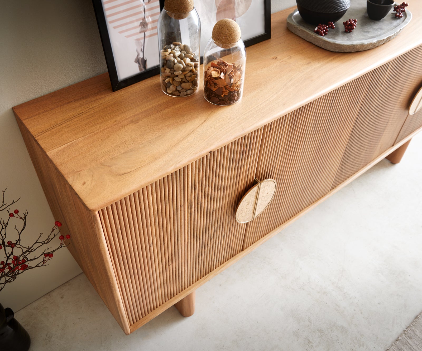 Sideboard Surimu 175cm Acacia Wood Brown 4 Doors 2 Compartments Cork Handle