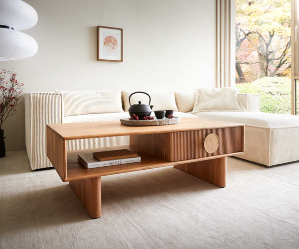 Coffee Table Surimu 115x60cm Acacia Wood Brown 2 Drawers Cork Handle