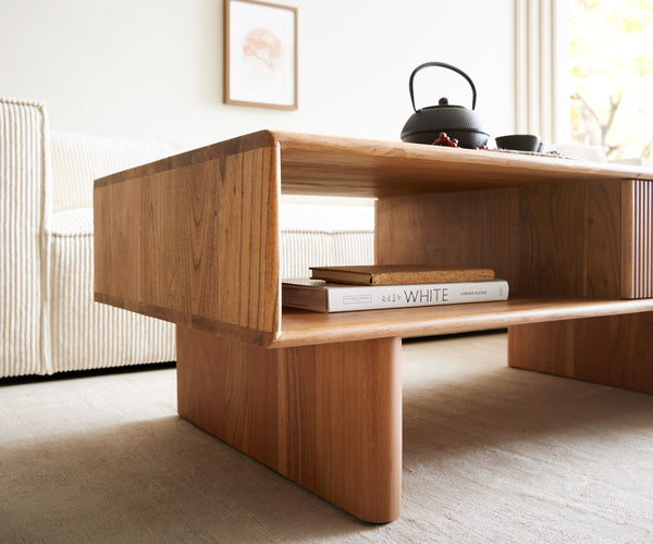 Coffe Table Surimu 115x60cm Acacia Wood Brown 2 Drawers Cork Handle