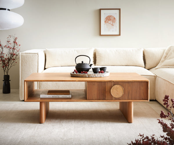 Coffee Table Surimu 115x60cm Acacia Wood Brown 2 Drawers Cork Handle