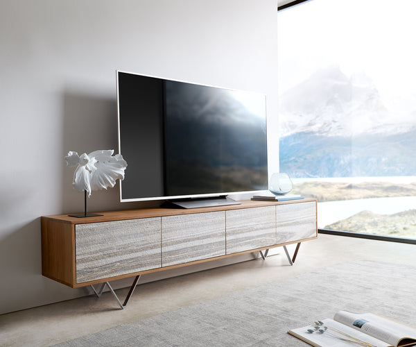 TV Stand Kleo 200 cm Acacia Wood Natural 4 Doors V-Foot Stainless Steel