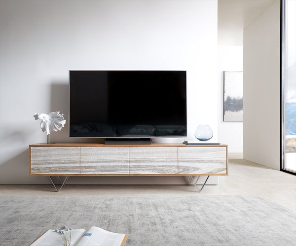 TV Stand Kleo 200 cm Acacia Wood Natural 4 Doors V-Foot Stainless Steel