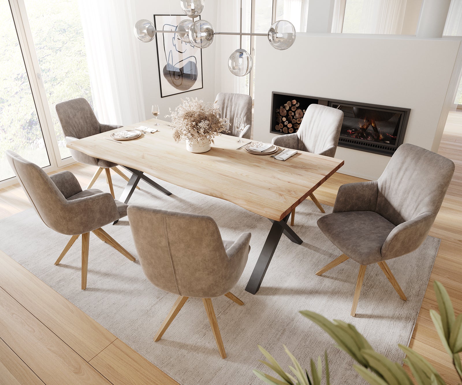 Dining Table Olympus Live Edge Oak Wood Natural X Frame Black 200cm