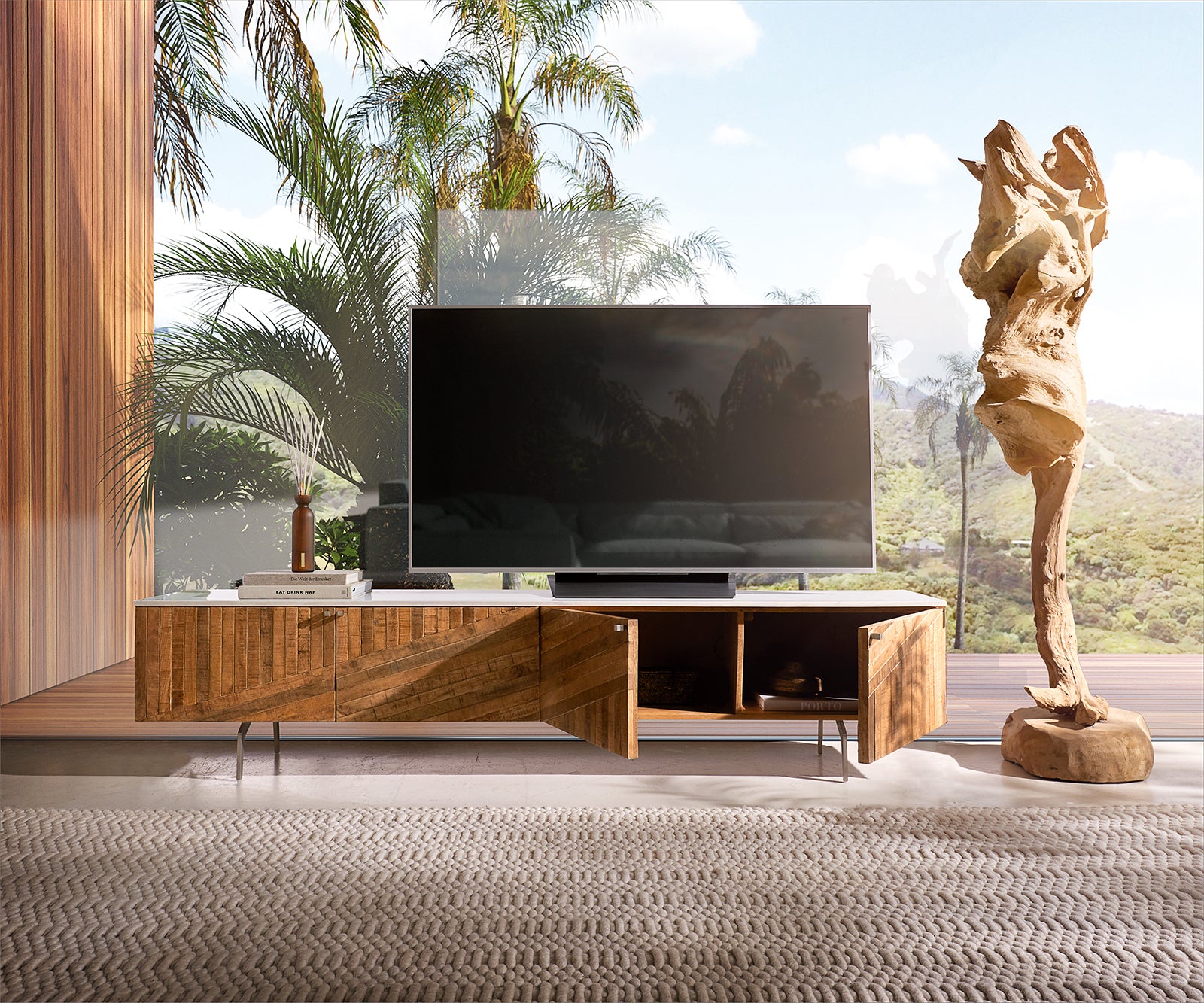 TV Stand Bahan 200 cm 4 Doors Mango Wood Teak Steel Foot Marble Top