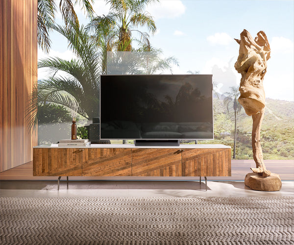 TV Stand Bahan 200 cm 4 Doors Mango Wood Teak Steel Foot Marble Top