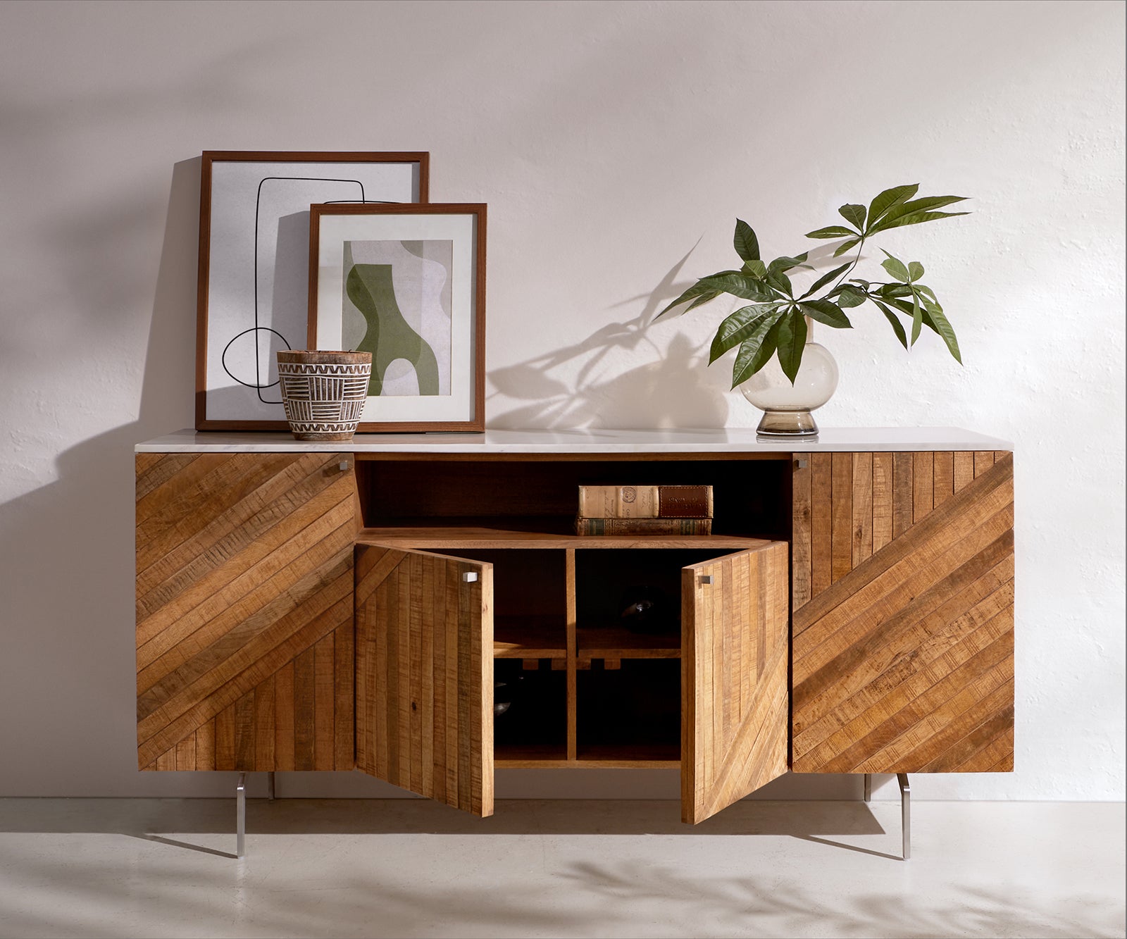 Sideboard Bahan 145 cm Mango Wood Teak Steel Foot Marble Top