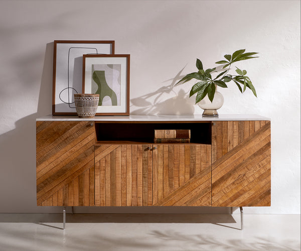 Sideboard Bahan 145 cm Mango Wood Teak Steel Foot Marble Top