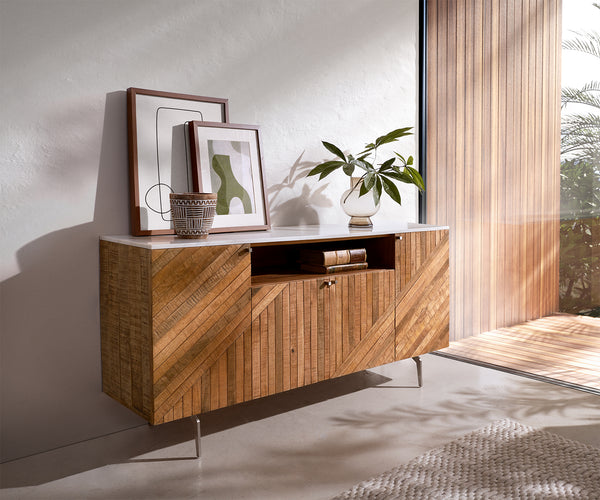 Sideboard Bahan 145 cm Mango Wood Teak Steel Foot Marble Top