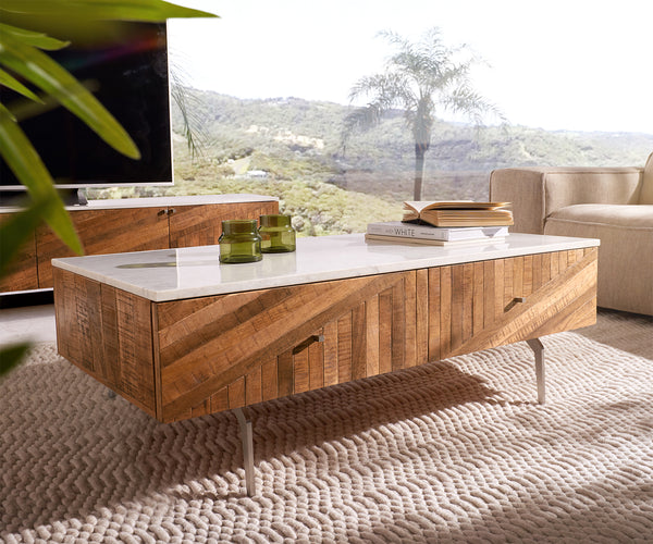 Coffee Table Bahan 115X60 cm Mango Wood Teak Steel Foot Marble Top