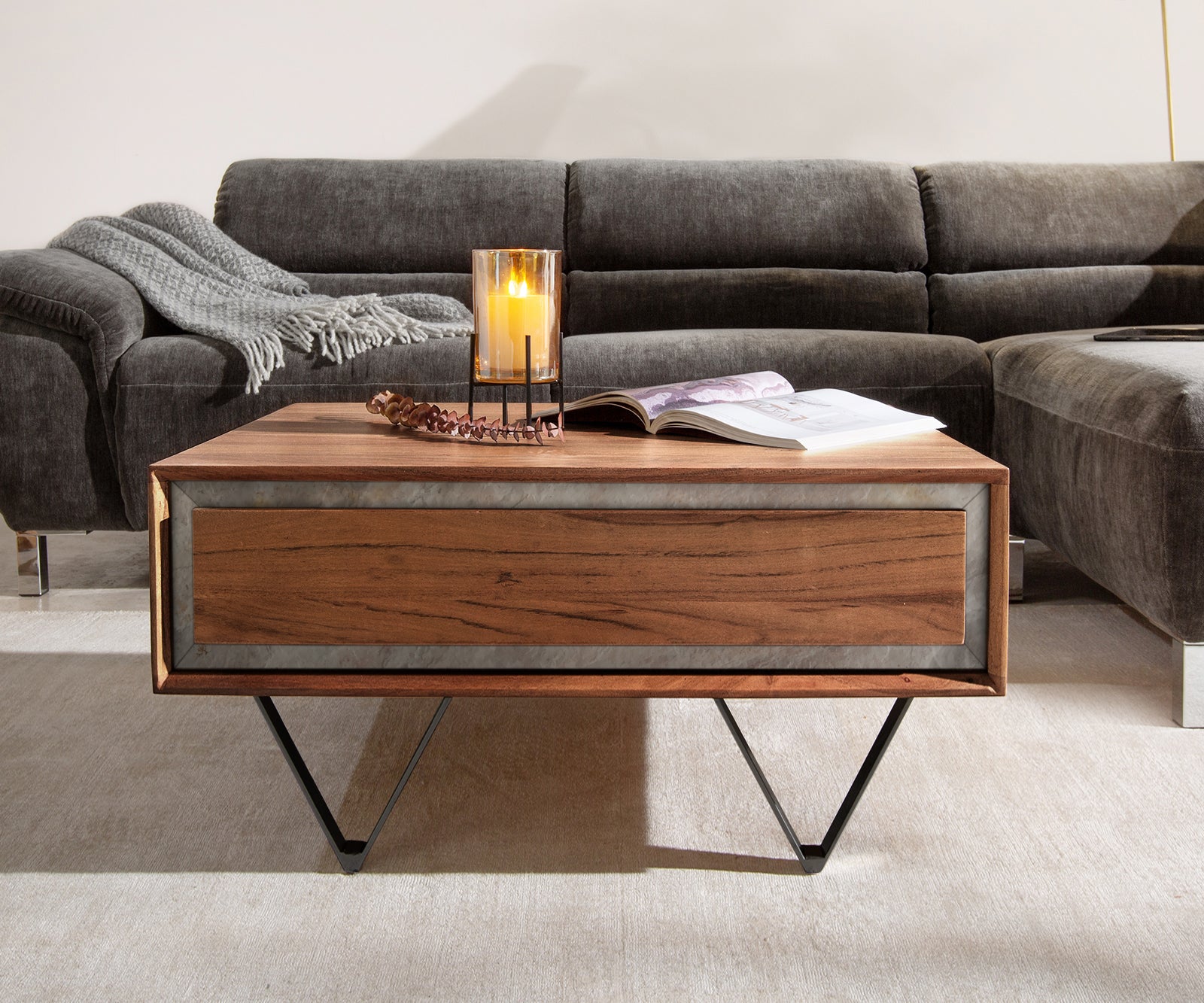 Coffee Table Stonegrace 80 cm Acacia Wood Brown And Slate