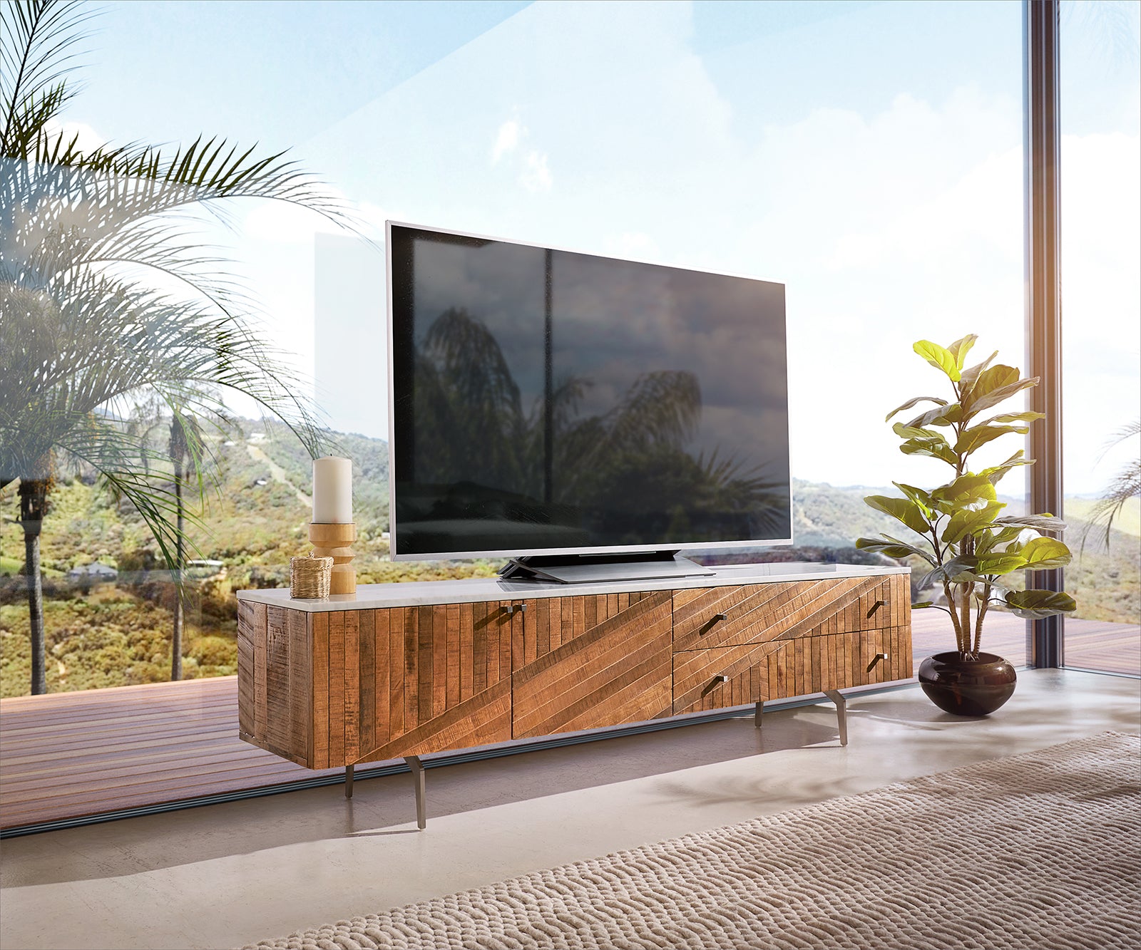 TV Stand Bahan 175 cm Mango Wood Teak Steel Foot Marble Top