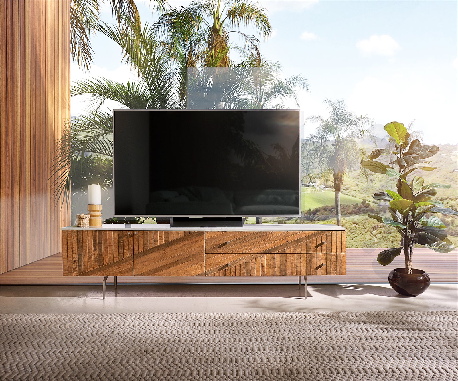 TV Stand Bahan 175 cm Mango Wood Teak Steel Foot Marble Top