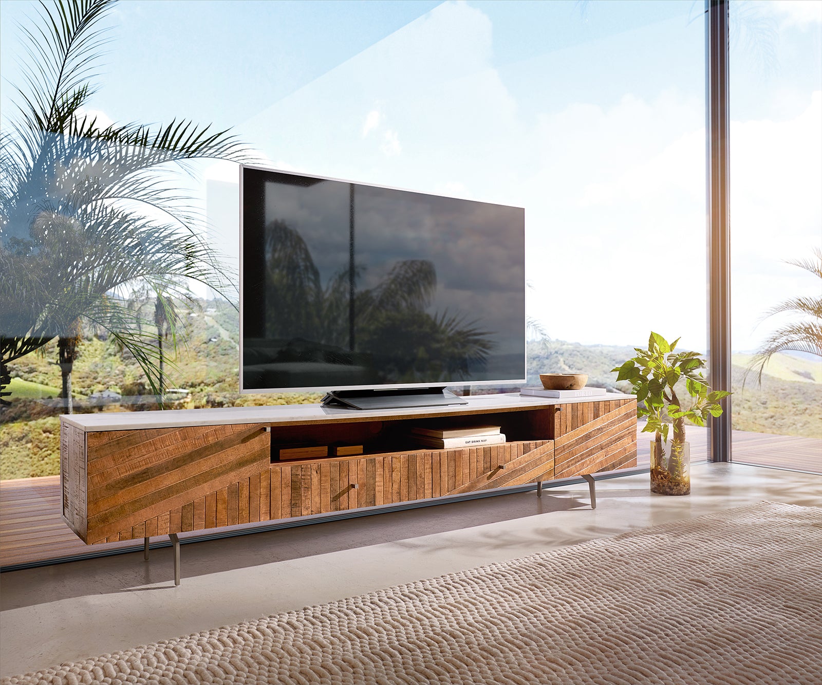 TV Stand Bahan 220 cm 2 Doors Mango Wood Teak Steel Foot Marble Top