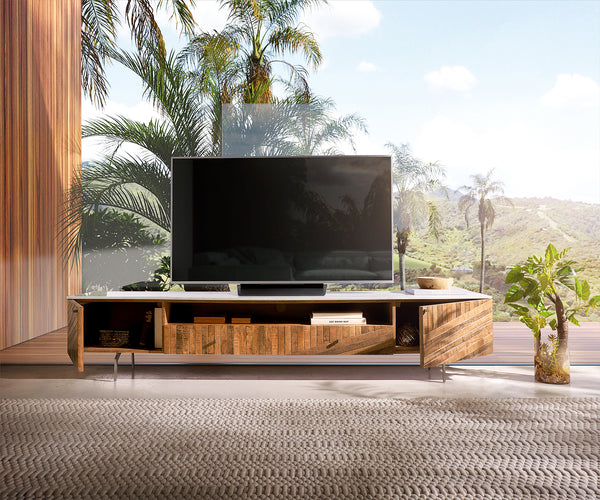 TV Stand Bahan 220 cm 2 Doors Mango Wood Teak Steel Foot Marble Top