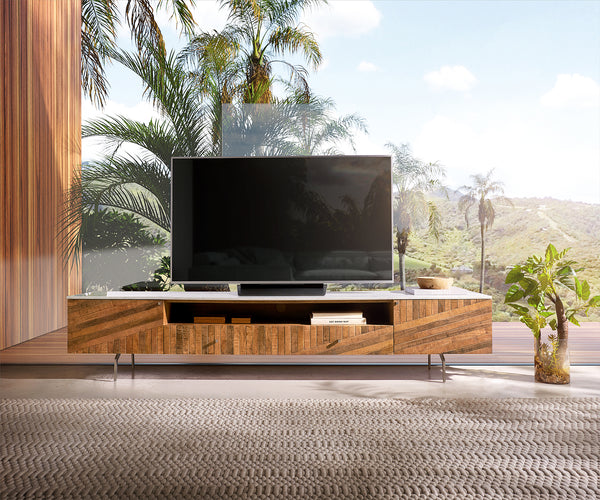 TV Stand Bahan 220 cm 2 Doors Mango Wood Teak Steel Foot Marble Top