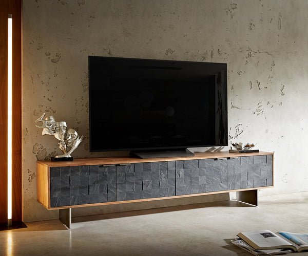 TV Stand Teele 200-240 cm Acacia Wood Natural And Slate 4 Doors