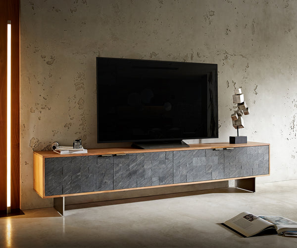 Teele TV Stand 200-240 cm - Acacia wood with slate accents and four doors.