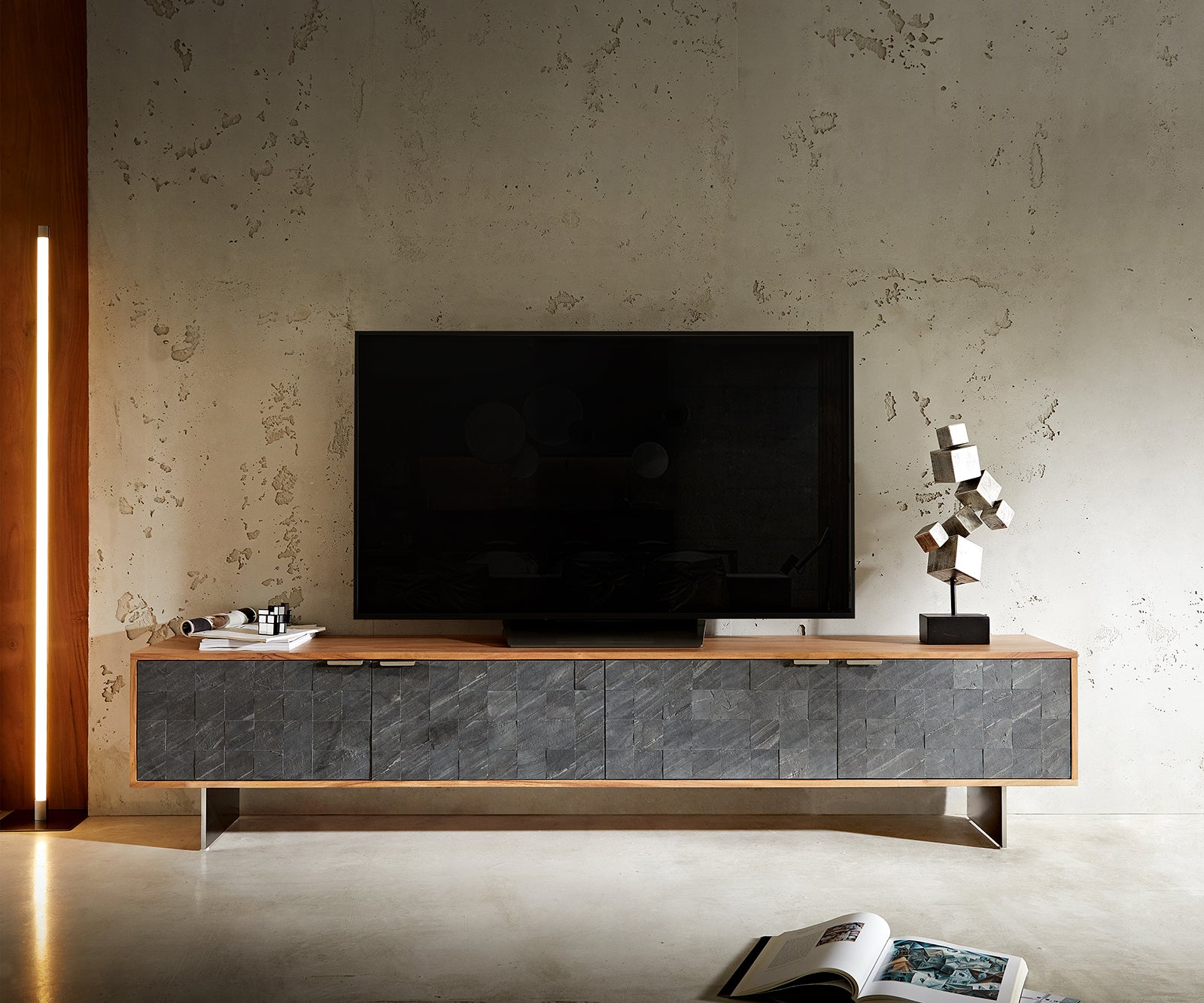 TV Stand Teele 200-240 cm Acacia Wood Natural And Slate 4 Doors