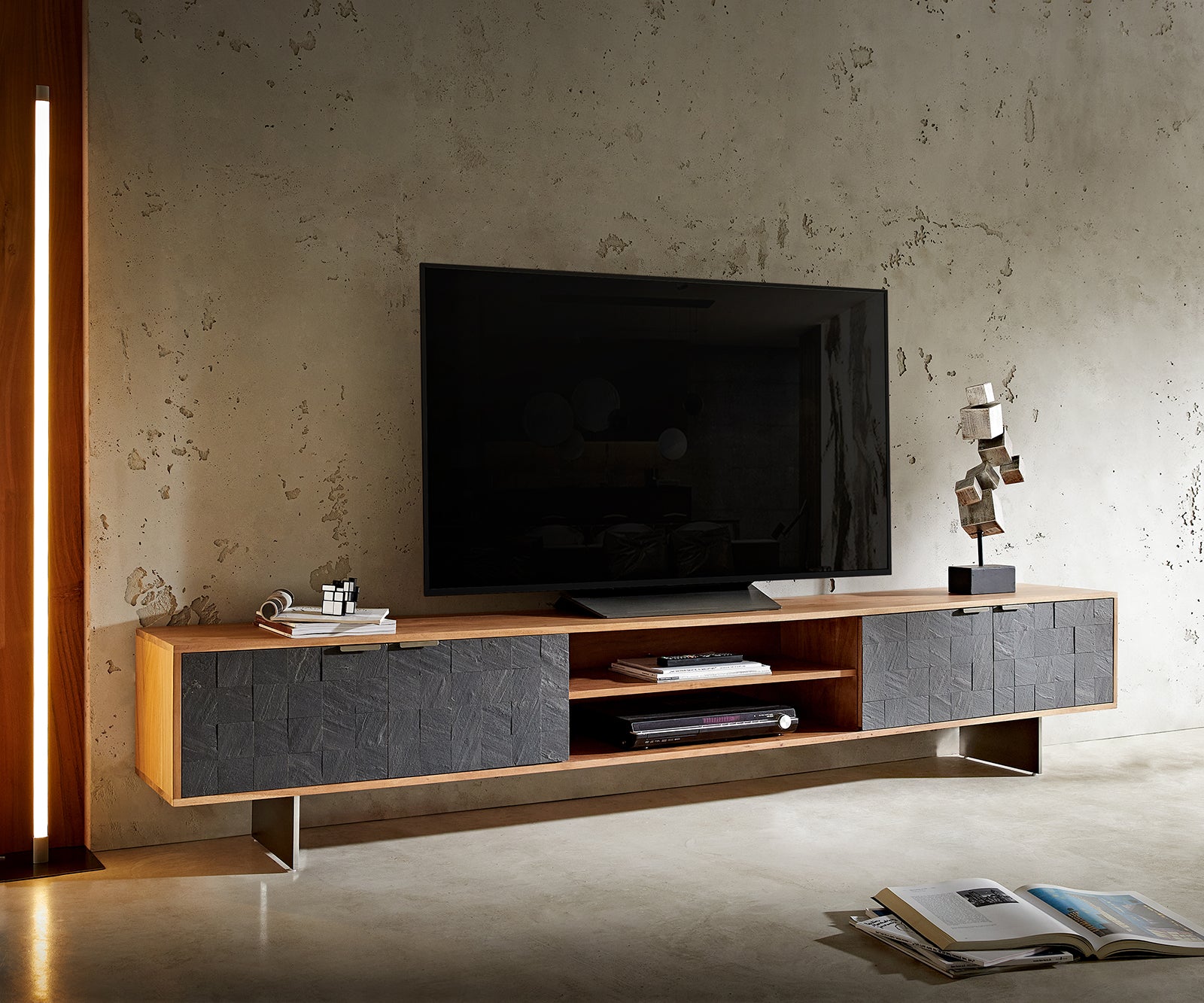 TV Stand Teele 200-240 cm Acacia Wood Natural And Slate 4 Doors