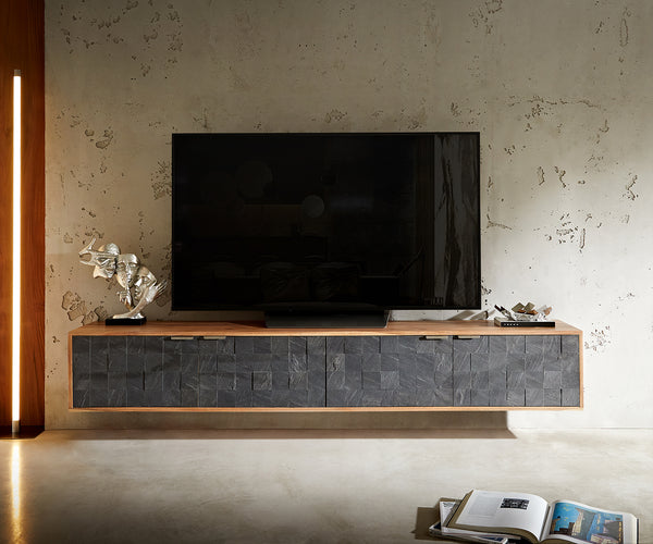 Floating TV Stand Teele 200-240 cm Acacia Wood Natural And Slate 4 Doors