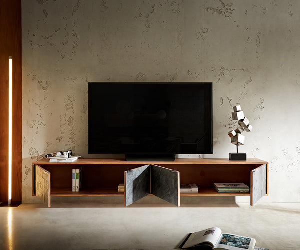 Floating TV Stand Teele 200-240 cm Acacia Wood Natural And Slate 4 Doors