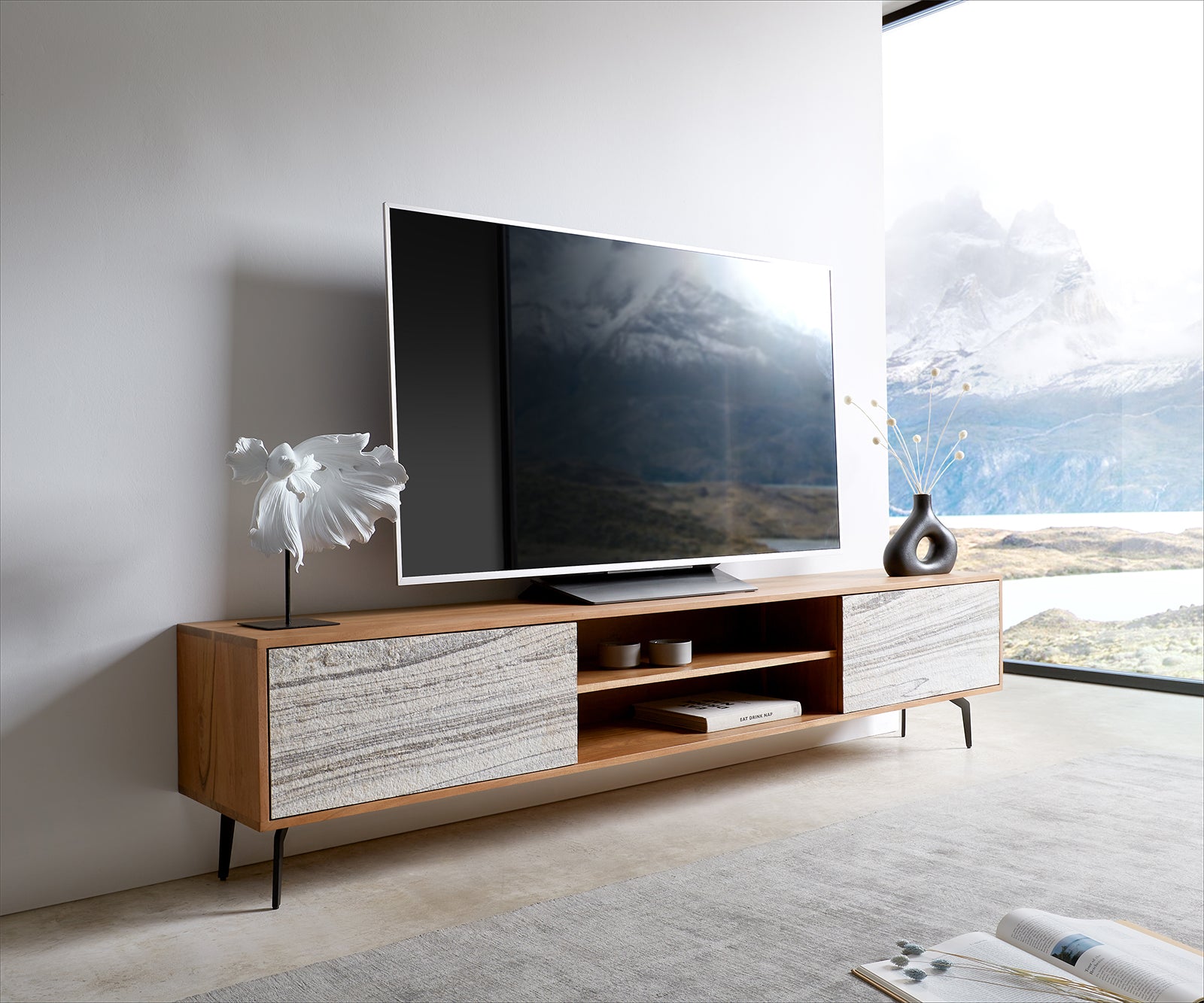 TV Stand Kleo 200 cm Acacia Wood Natural 2 Doors 2 Compartments Angled Base Metal Black