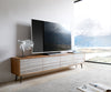 TV Stand Kleo 200 cm Acacia Wood Natural 4 Doors Angled Base Metal Black