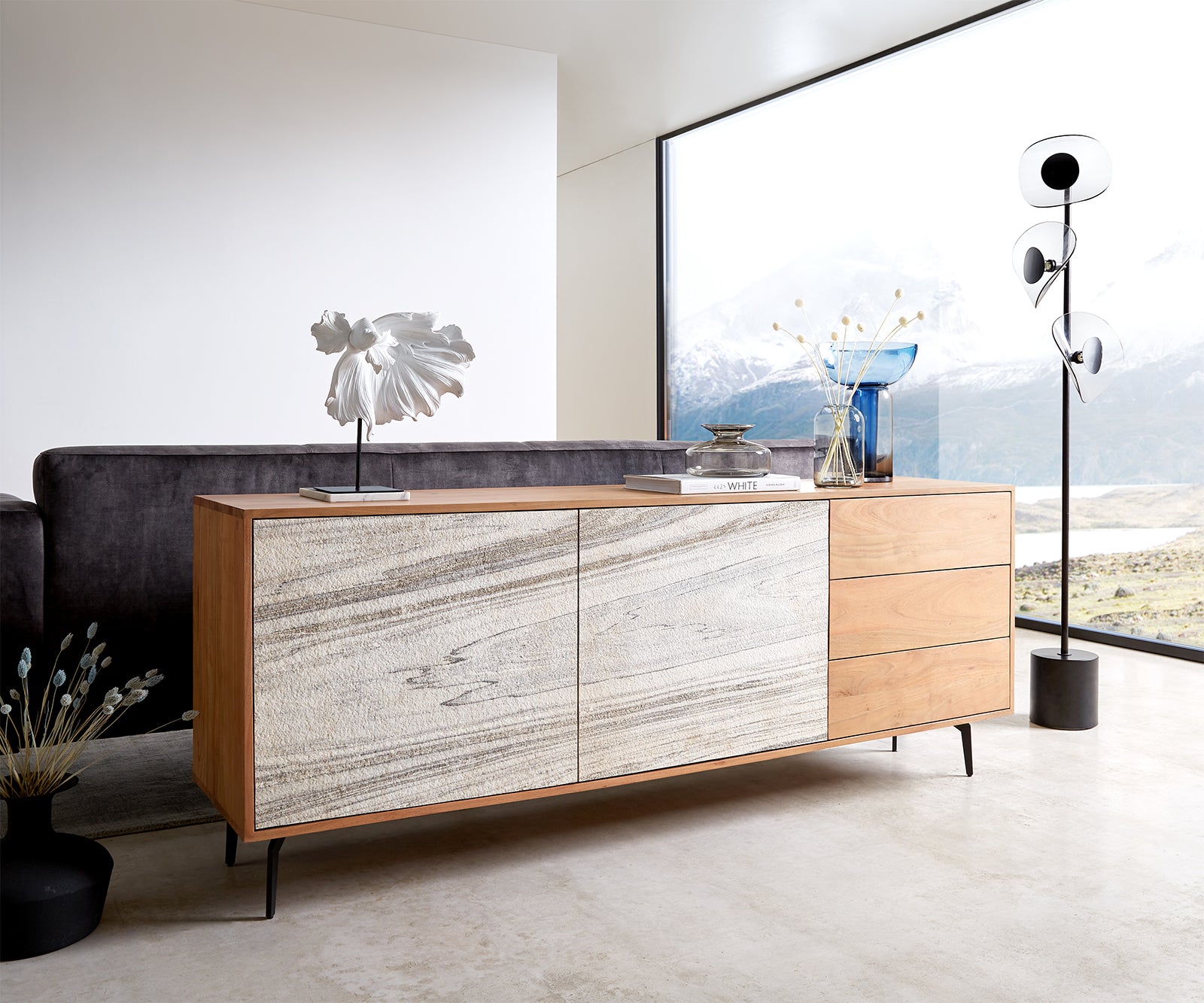 Sideboard Kleo 175cm Acacia Wood Natural 2 Doors 3 Drawers Angled Base Black