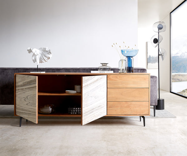 Sideboard Kleo 175cm Acacia Wood Natural 2 Doors 3 Drawers Angled Base Black