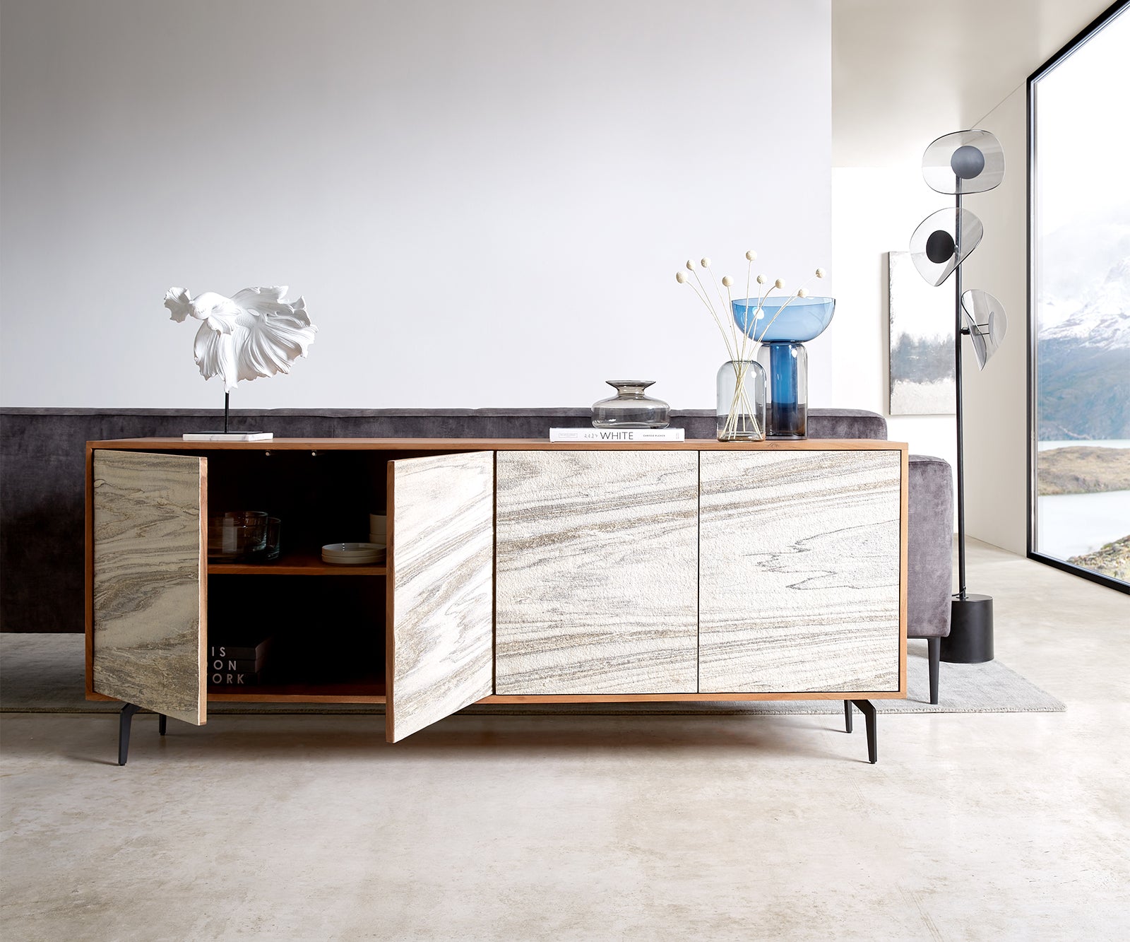 Sideboard Kleo 175cm Acacia Wood Natural 4 Doors Angled Base Black