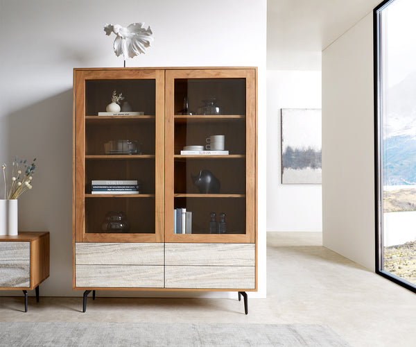 Display Cabinet Kleo 115x150cm Acacia Wood Natural 2 Doors 4 Drawers Angled Base Metal Black