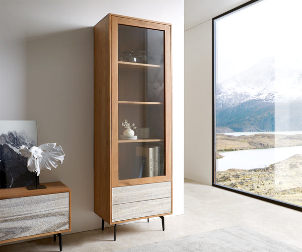 Display Cabinet Kleo 60x180cm Acacia Wood Natural 1 Doors 2 Drawers Angled Base Metal Black