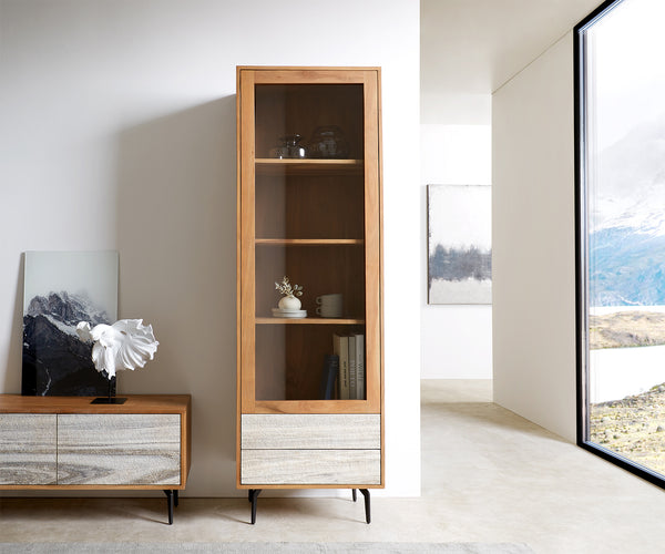 Display Cabinet Kleo 60x180cm Acacia Wood Natural 1 Doors 2 Drawers Angled Base Metal Black