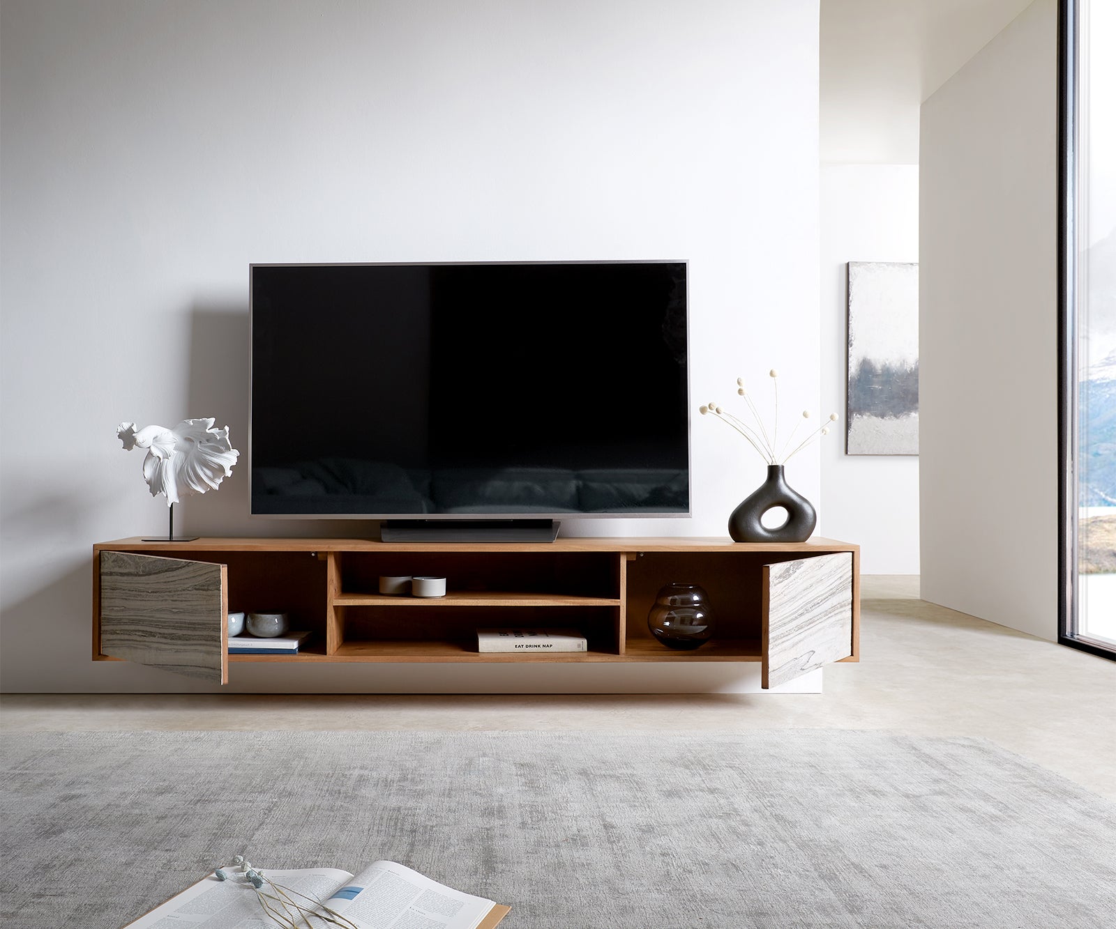 Floating TV Stand Kleo 200 cm Acacia Wood Natural 2 Doors 2 Compartments